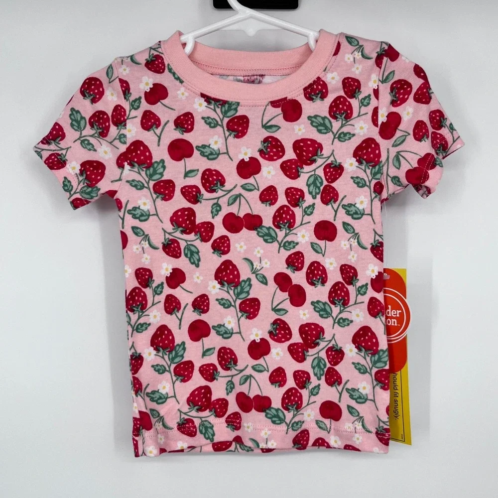 Pink Strawberry Cherry Print Pajamas Girls 2T Snug Fit 2pc Set Springtime Cute‎